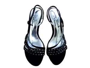 Touch of Nina matte Fabric Black Strappy Rhinestones 2.5" Heel Sandals sz 6.5 - Picture 1 of 7