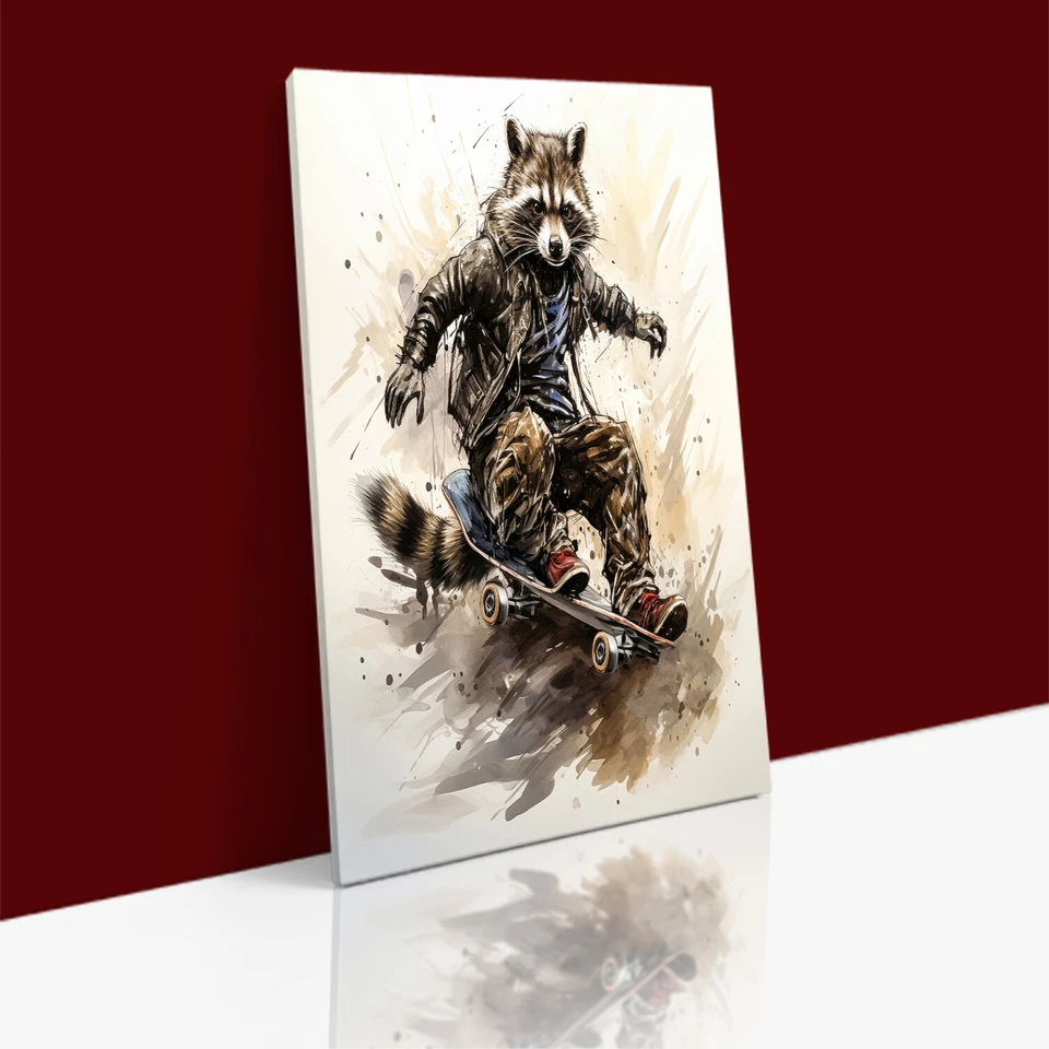Delightful Watercolor Raccoon Skillfully Riding Skateboard CANVAS WALL ART PRINT - Image 1 of 1