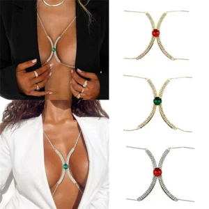 Body Kette Schmuck Geschirr Damen Bikini Brust Halskette Strass Kristall BH - Bild 1 von 17