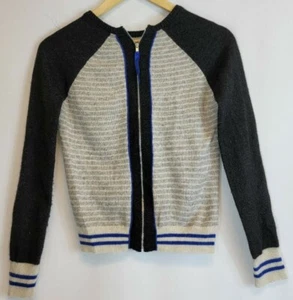 Autumn Cashmere Cardigan Sweater Girl's Sz 12 Black/Gray/Blue Striped Full-Zip - Picture 1 of 9