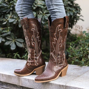 Women's Pointed Toe Knee High Boots Chunky Block Heels Western Cowboy Embroidery - Picture 1 of 27