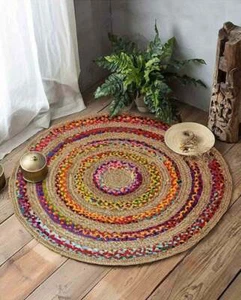 Natural Jute Rug Cotton Round Rug Handmade Braided Area Jute Rug 100% Natural - Picture 1 of 6