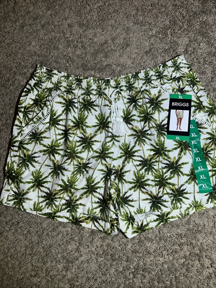 BRIGGS White Green Palm Tree Lounge Linen blend Shorts XL X-Large Womens