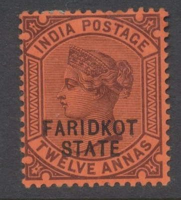 Faridkot State India 1900 12a púrpura/rojo bisagras como nuevo SG14 CV £60 Foto 1 de 3