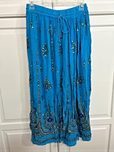 Boho, ethnic Indian maxi skirt, turquoise, sequins, elastic waist, one size - Picture 1 of 11