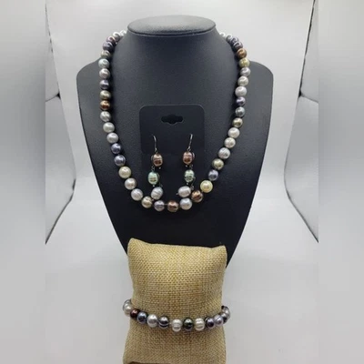 Juego de collar de perlas barrocas multicolores vintage Honora de 3 piezas de plata de ley Foto 1 de 4