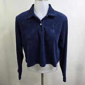 Vintage Victorias Secret Country Crop Top M Blue Velour 90s Long Sleeve Polo - Picture 1 of 11