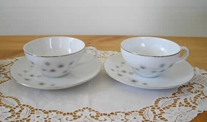 Creative Fine China Japan 1014 Teacups + Saucers Gray Flowers ~ Set of 2 ~ - Picture 1 of 10