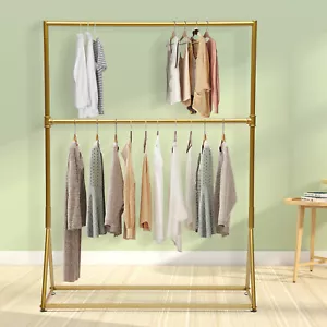 2 Tiers Freestanding Gold Garment Rack Retro Portable Clothes Display Stand Iron - Picture 1 of 17