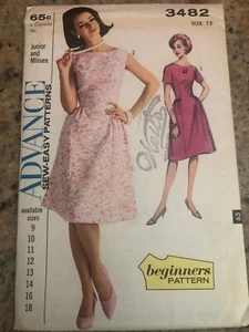 🌼 1964 ADVANCE #3482 - LADIES "BEGINNERS" TWO STYLE RETRO DRESS PATTERN 12 FF - Picture 1 of 2