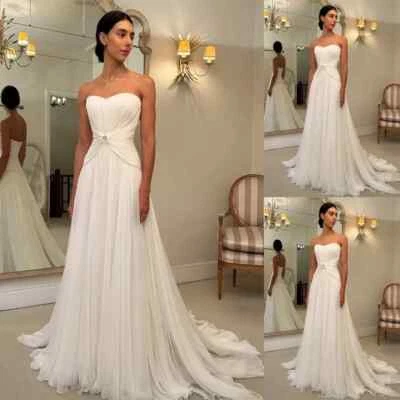 Elegantes Vestidos de Novia de Gasa Sin Tirantes Línea A Barrido Tren Cuentas Vestidos de Novia Foto 1 de 4