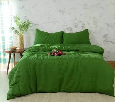 Forest Green Linen Duvet Cover Set Twin Full Queen Washed Bedding with  Buttons. - Image 1 of 4