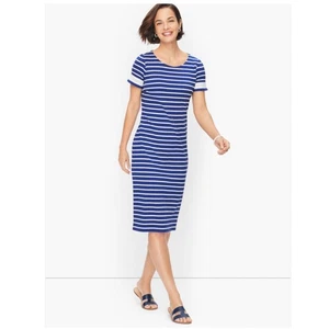 Talbots Cotton Lace Trim Shift Dress Sprint Stripe Casual Women's Size Medium - Picture 1 of 8