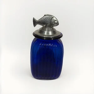 Artland Cobalt Blue Glass Ribbed Apothecary Jar Canister Pewter Fish Lid 9” - Picture 1 of 11