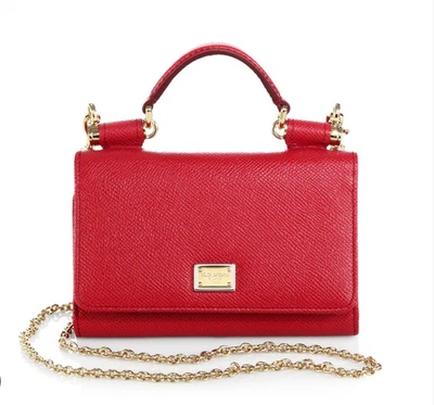 Dolce & Gabbana-Red100% Leather Gold Tone Metal Chain Sicily Von Mini Bag Wallet - Image 1 of 4
