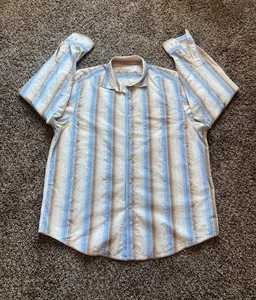 Tommy Bahama Denim Mens XL White Blue Brown Striped Button Down Shirt Cotton - Picture 1 of 10
