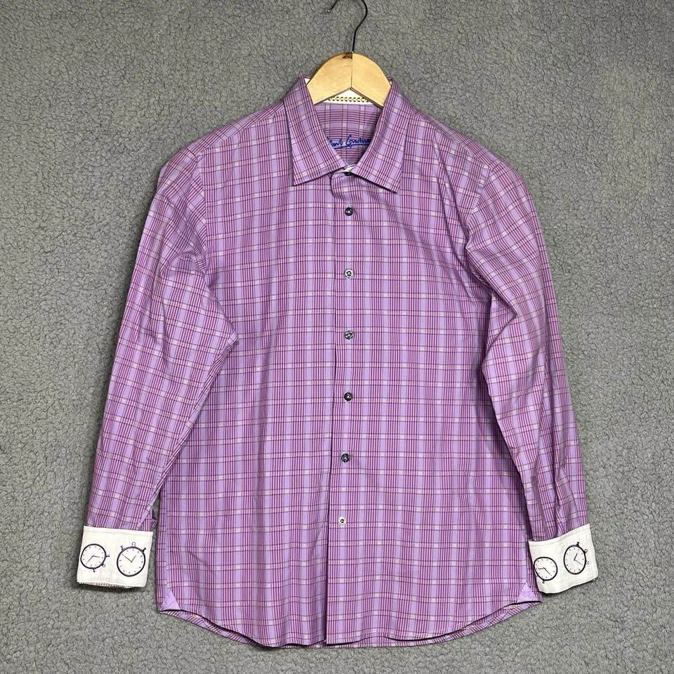Robert Graham Boy Large 14-16 Purple Plaid Clock Flip Cuff Dress Shirt Stretch - Image 1 of 4