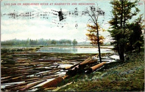 Postal X05 Log Jam on Menominee River at Marinette WI y Menominee MI c1908 - Imagen 1 de 2