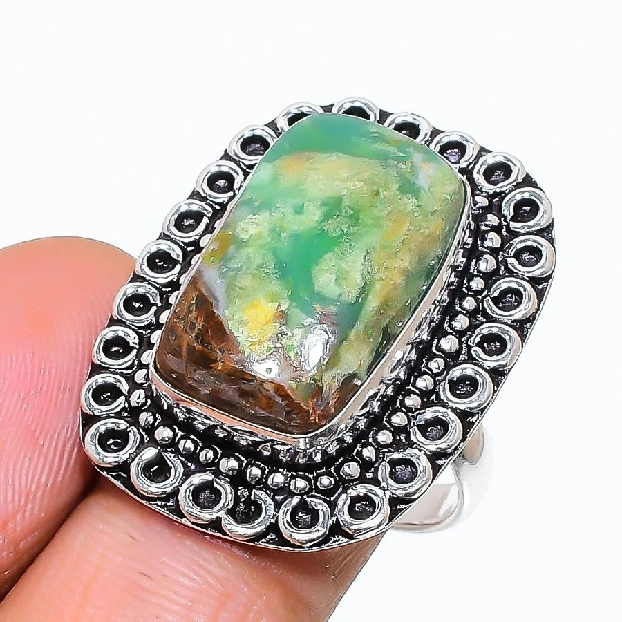 Anillo de joyería de plata de ley 925 con piedras preciosas de crisoprasa natural talla 7 (EE. UU.) Foto 1 de 1