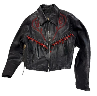 Vintage 90s Fringe Leather Biker Crop Bomber Jacket Women’s Size S/M 44 Heavy - Image 1 of 4