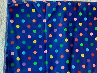 Cranston VIP Cotton Fabric Bright Blue w Big Red Orange Green Polka Dots 2 Y 42W - Image 1 of 4
