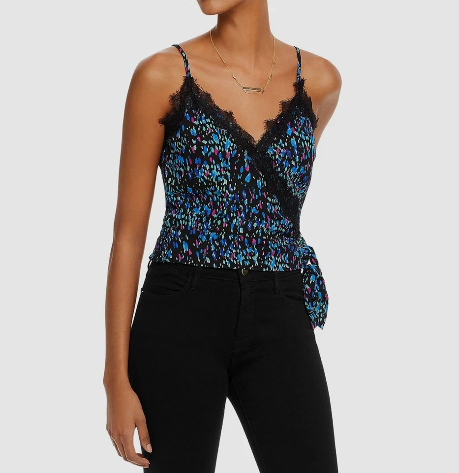 Aqua Womens Black Lace-trim Wrap Abstract Cami Shirt XS BHFO 6857