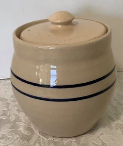Vintage P R Paul Storie Pottery Stoneware Crock Striped Blue Marshall TX 6 3/4” - Picture 1 of 6