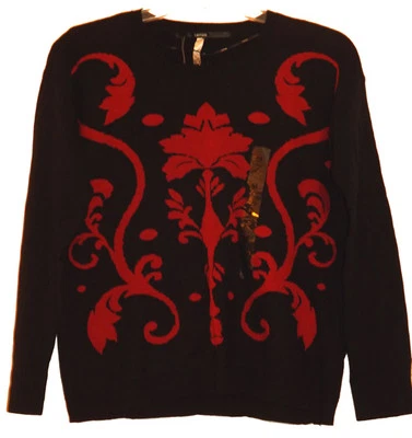 Kensie Woman Long-Sleeve Crew Neck Damask Knit Sweater Black Red Floral  - Image 1 of 2