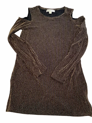 Blusa Michael Kors Feminina Pequena Preta Dourada Glitter Ombro Frio Recorte Manga Longa - Imagem 1 de 4