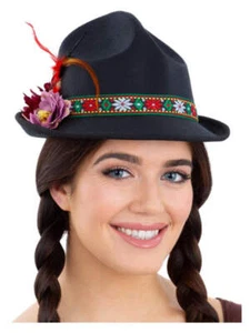 Ladies Oktoberfest Hat Black Dirndl Trenker Hat German Beer Festival Fancy Dress - Picture 1 of 2