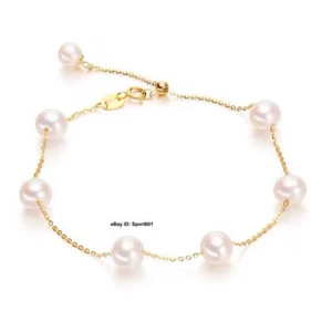 New 18K Yellow Gold O Chain with Natural Freshwater Pearl Bead Bracelet - Picture 1 of 3