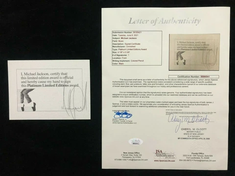 Michael Jackson Signed Autographed Certificate JSA LOA Cover