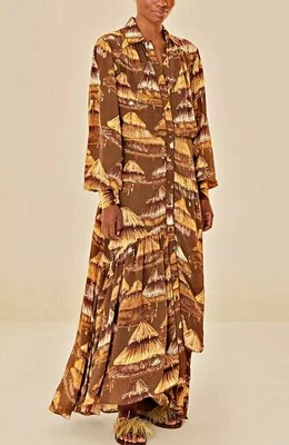 Vestido Farm Rio S Pequeño Malocas Beige Marrón Manga Larga Midi Estampado Cuello $315 Foto 1 de 4