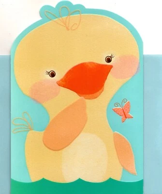 Linda tarjeta de felicitación de feliz Pascua con sello de patito amarillo y mariposa Foto 1 de 3