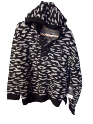 Rock & Republic Hooded Sweater Women Medium Animal Print Black/Gray Lace Up Neck - Image 1 of 4