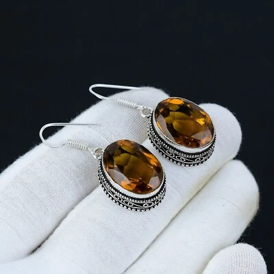 Orecchino In Argento Sterling 925 Fatto A Mano In Topazio Miele Per Donne - Immagine 1 di 4