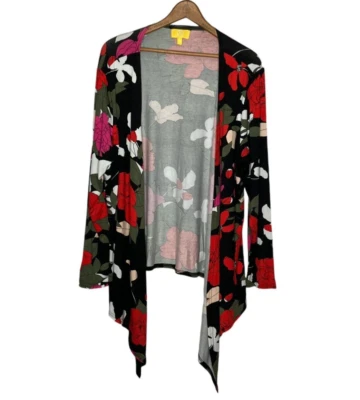 Cárdigan Liz Lange XL negro rojo floral tejido elástico drapeado frente abierto Ultimate Foto 1 de 4
