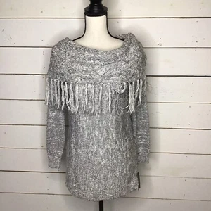 Neu INC Fransen Tunika Pullover Wasserfallausschnitt silbergrau Damen XS - Bild 1 von 7