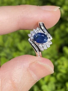 Platinum 1.50ctw Natural Sapphire Diamond Halo Ring Size 6, 5.23 Gr - Picture 1 of 9