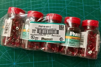 Lot 500pcs PANDUIT Insulated Ring Crimp Terminal #6 (M3) 18-22AWG, Red Nylon UL - Image 1 of 4