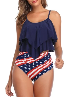American Flag Two Piece Swimsuit Women’s US Size L High Waisted Tankini Ruffle - Image 1 of 4