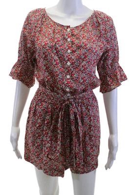 J Crew Women Jumpsuit Red Floral Scoop Neck Short Sleeve 100% Cotton Size XS - Image 1 of 4