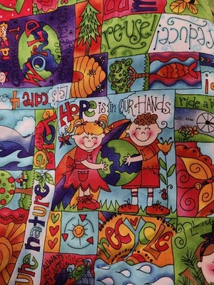 Kids Go Green 2008 Kari Pearson Quilting Treasures Recycle Reuse Earth FABRIC YD - Image 1 of 4