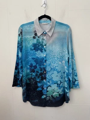 Soft Surroundings Silk Printed Blouse Size Petite Large Blue Floral Ombre Whimsy - Image 1 of 4