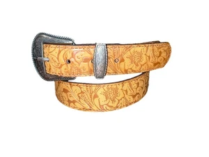 Echter Westerngürtel aus Leder mit Blumengravur und Verzierung groß - Bild 1 von 5