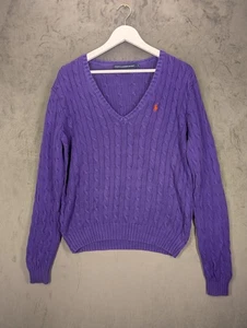 Ralph Lauren Women XL Cable Knit Cotton Jumper Sweater V-Neck Long Sleeve Purple - Picture 1 of 10