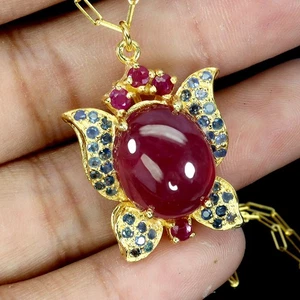 925 Sterling Silver Necklace Oval Ruby 13x10mm Sapphire Gemstone Jewelry 17in - Picture 1 of 13