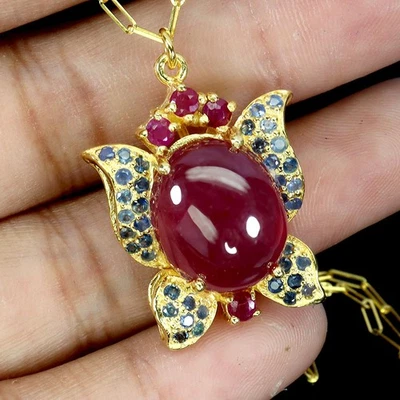 925 Sterling Silver Necklace Oval Ruby 13x10mm Sapphire Gemstone Jewelry 17in - Image 1 of 4