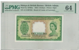 5 Dollar Malaya 1953 QE A/14 097335 PMG64 UNC - Picture 1 of 2