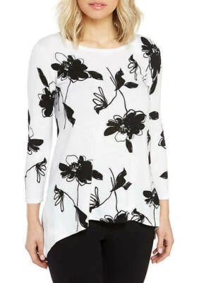 NUEVO SUÉTER TOP ANNE KLEIN BLANCO NEGRO FLORAL ALGODÓN TALLA L TALLA XL $89 Foto 1 de 2
